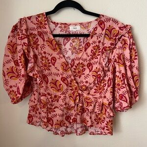RAHI Pink Paisley Ruffle Wrap Top Medium Puff Sleeve Boho Cotton Blouse
